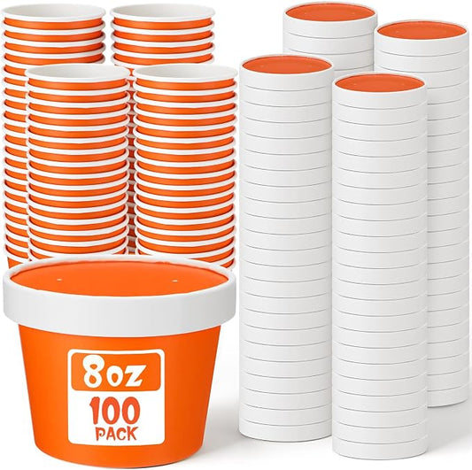 Fulmoon 100 Pack Paper Soup Containers with Lids Disposable Paper Food Containers with Vented Lid Kraft Ice Cream Cake Dessert Cups Soup Bowl for Party Hot Food Fruit Microwave(8 oz,Orange) by Fulmoon