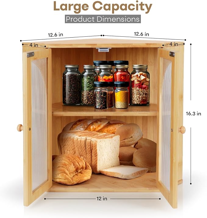 Corner Bread Box for Kitchen Countertop,Double Layer Bread Holder | 3 Adjustable Height, Large Capacity, Magnetic Acrylic Door, Bamboo Bread Storage Container for Homemade Bread, Natural - Image 2
