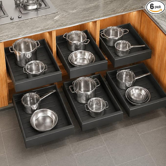 6 Pack Pull out Cabinet Organizer, Expandable(12"-20") Heavy Duty Slide out Drawer Fixed with Adhesive Nano Film for Pots, Roll out Shelf Storage for Kitchen Organization, Pantry, Bathroom(Black) by Kitstorack