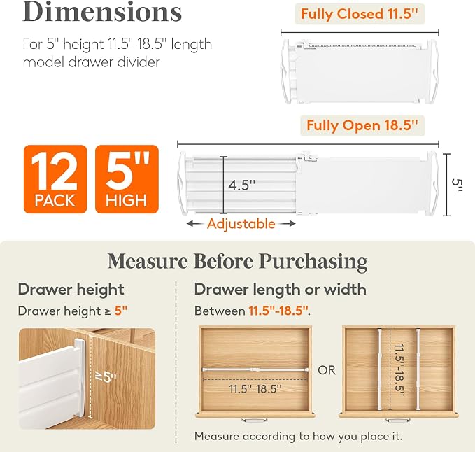 Lifewit 5" Tall Drawer Dividers, Adjustable Deep Drawer Organizer Clothes | 12 Pack 11.5"-18.5" Expandable White Plastic Separators for Dresser, Kitchen, Cabinet, Closet, Office Organization & Storage - Image 2