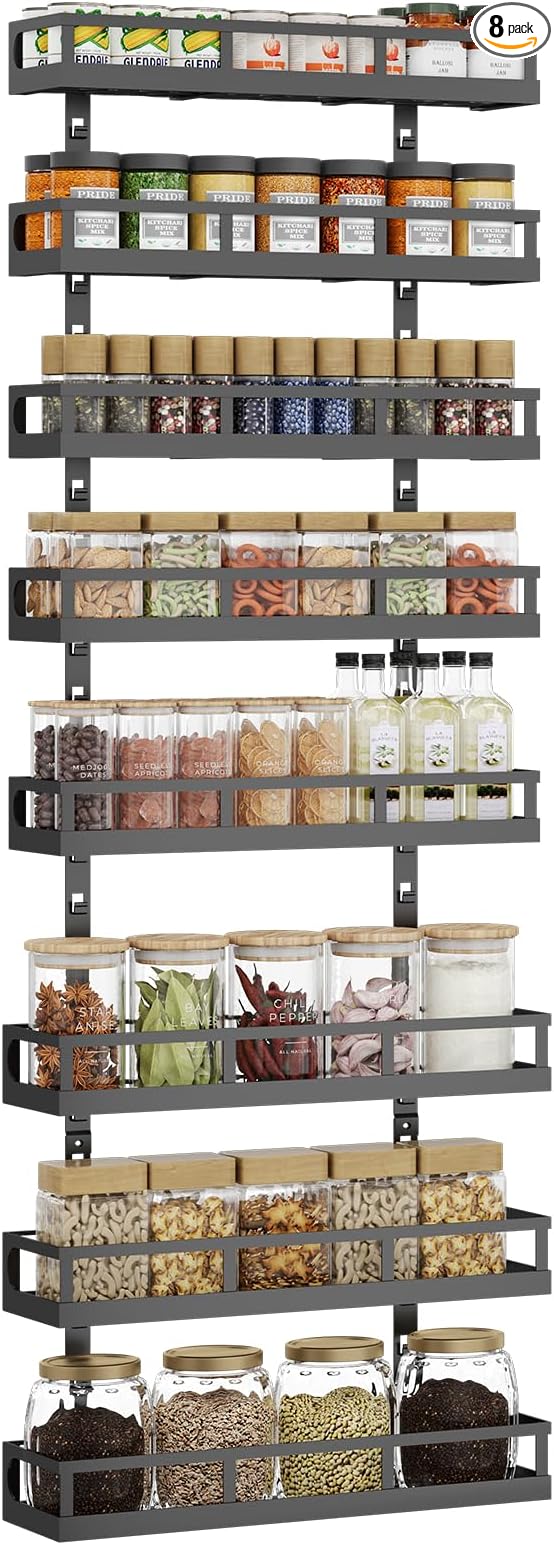 X-cosrack 8-Tier Adjustable Spice Rack – Wall-Mounted Space-Saving Organizer with Mixed Baskets, Large-Capacity Seasoning Holder for Kitchen & Pantry (Black) by X-cosrack