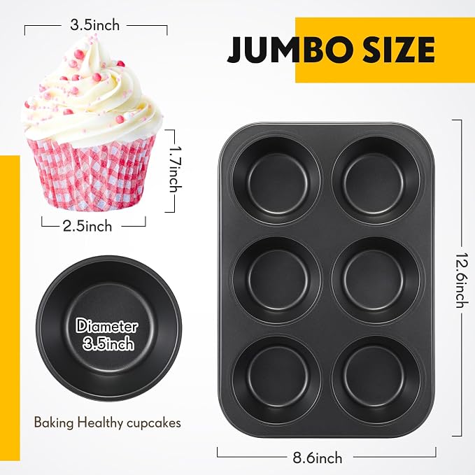 6 Pack Nonstick Jumbo Muffin Baking Pan Muffin Tins Heavy Duty Cupcake Tin Gold Carbon Steel Cup Cake Tray for Baking Cupcakes, Dishwasher Safe Small Muffins Tarts(Jumbo,Black) - Image 2
