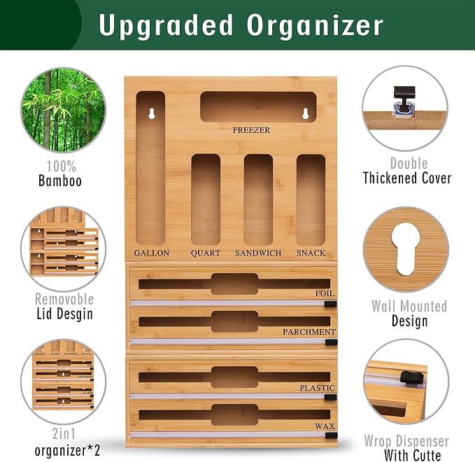 9 In 1 Storage Bag Organizer And Plastic Wrap Dispenser With Cutter, Bamboo Foil and Plastic Wrap Organizer - Image 2