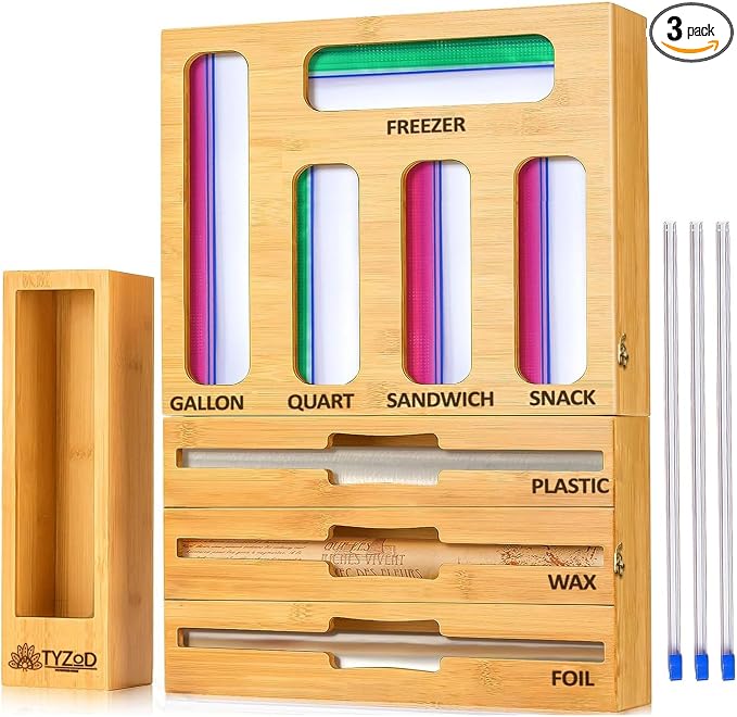 9-in-1 Bamboo Storage Bag Organizer with Cutter, Kitchen Drawer & Wall Mount Storage for Foil, Plastic Wrap, Gallon, Quart, Sandwich, Snack & Freezer Bags, Fits Rolls ≤12” Long, ≤2” Diameter by TYZOD