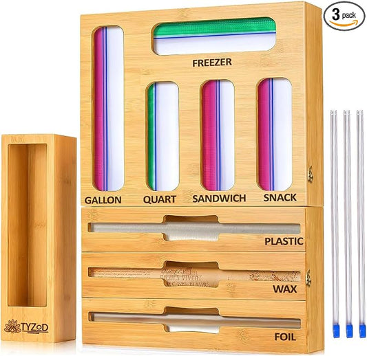 9-in-1 Bamboo Storage Bag Organizer with Cutter, Kitchen Drawer & Wall Mount Storage for Foil, Plastic Wrap, Gallon, Quart, Sandwich, Snack & Freezer Bags, Fits Rolls ≤12” Long, ≤2” Diameter by TYZOD