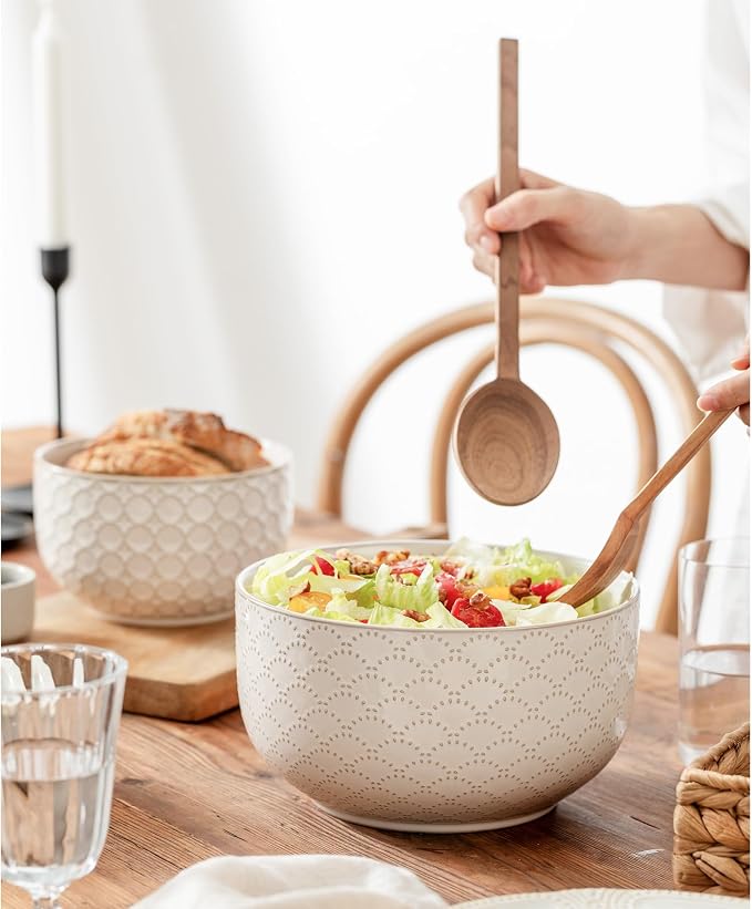 Mikiegy Ceramic Mixing Bowls Set of 2, Nesting Ceramic Embossment Stoneware Mixing Bowls for Cooking, Serving, Popcorn, Salad etc, Microwave & Dishwasher Safe, 44/98 oz, Off-White - Image 8