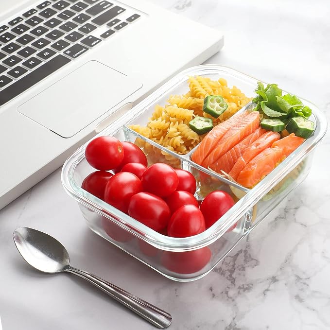 Bayco 9 Pack Glass Meal Prep Containers - 3, 2 & 1 Compartment Glass Food Storage Containers with Lids, Airtight & Leak Proof Lunch Bento Boxes - Grey - Image 5