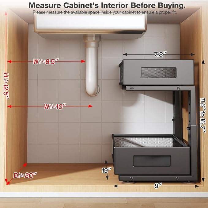 2 Packs 19IN Depth Under Sink Organizer, 2-Tier Pull Out Cabinet Organizer With Smooth Circular Rail, Large Capacity Metal Mesh Sliding Drawers For Bathroom& Kitchen Storage,Height Adjustable –Black - Image 2