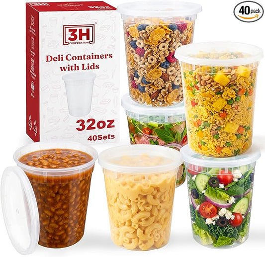 32oz Deli Containers with Lids (40 Sets/80 Pcs) Quart Plastic Containers with lids, BPA-Free Microwave Freezer Safe Bowl, Leakproof Food Prep Containers for Leftover Food Storage &To-Go by 3HCORPORATION