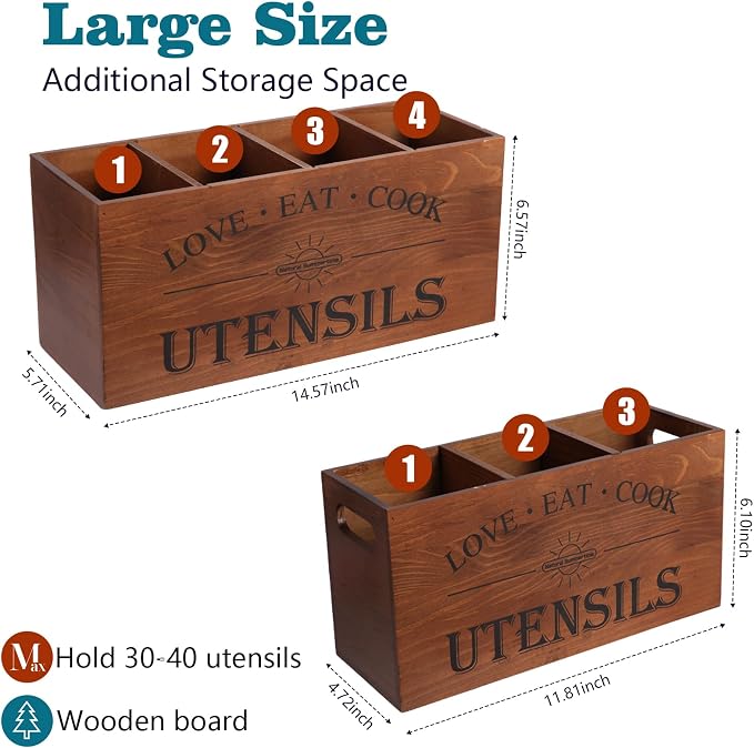 2 PC Wooden Utensil Holder,（With 4-Compartments size*1 + 3-Compartments size*1） Extra Large Kitchen Counter,Cooking Spatula Organizer,Farmhouse Decor, Rustic Cooking Utensil - Image 2