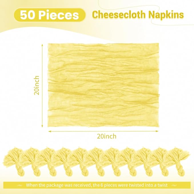 50 Pack Yellow Napkins 20x20Inch Cheesecloth Napkins Bulk | Elegant Cloth Napkins for Table, Washable Rustic Boho Gauze Napkins, for Wedding Party Bridal Baby Shower Dinner Table Decor - Image 2
