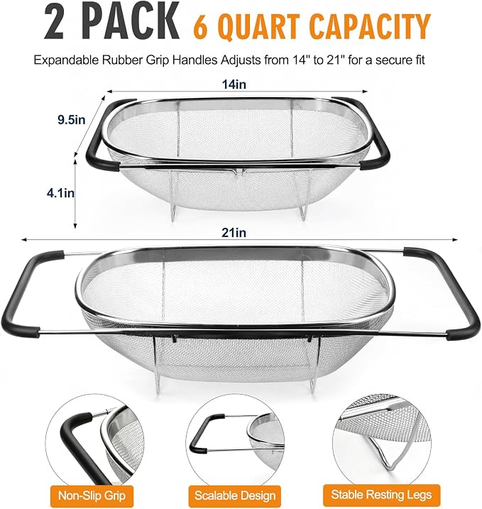 Palksky Over the Sink Colander, Stainless Steel Fine Mesh, 6 Quart 2 Pack | Expandable handles fit most sinks; fine mesh drains pasta, rice & produce - Image 2