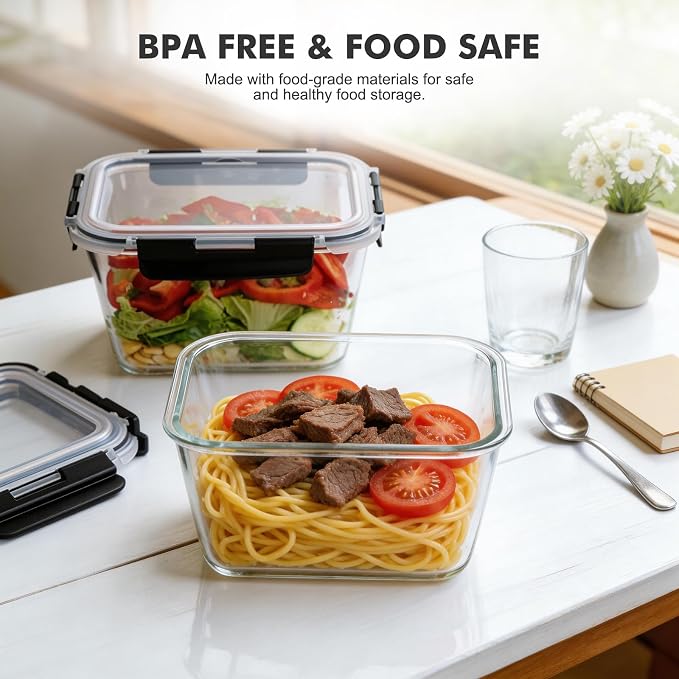 Liuruiyu 2 Pack Large Glass Food Storage Containers with Lids, 63oz Big Meal Prep Containers, Airtight Bento Boxes with Leak Proof Locking for Microwave, Oven, Freezer and Dishwasher, BPA Free - Image 5