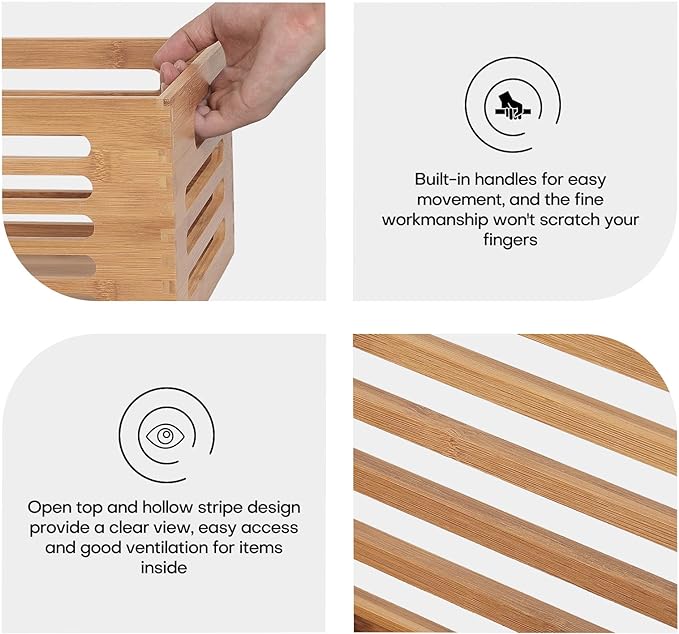 ANMINY Wood Storage Bins Crates, Nesting 3PCS, Mortise-Tenon | Natural Bamboo Boxes Bins with Built-in Handles, Sturdy Corner Joints, Hollow Stripe Design, Nestable for Pantry Shelf - Image 4