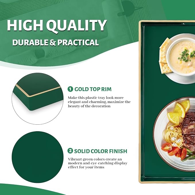 Dark Green Decorative Tray for Ottoman, Serving Tray with Handles | Plastic Coffee Table Tray, Modern Melamine Tray, Rectangle Countertop Organizer Tray for Living Room, 15.8"L x 10.2"W x 1.4"H - Image 4