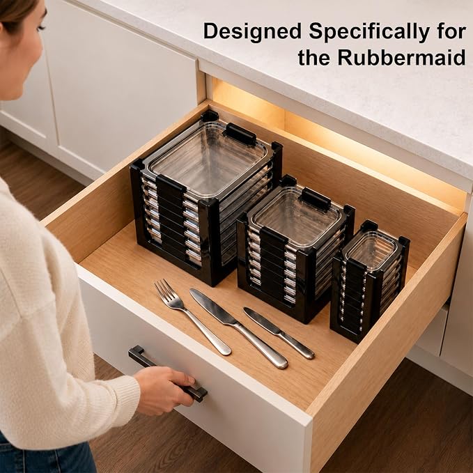 3PCS Food Container Lid Organizer Fit for Rubbermaid Brilliance Nap-on Lids | Black Acrylic Stackable Lid Holder Rack, Holds 24 Lids, Fits 0.5, 1.3, 3.2 & 4.7 Cup Lids, Stackable Kitchen Storage - Image 6