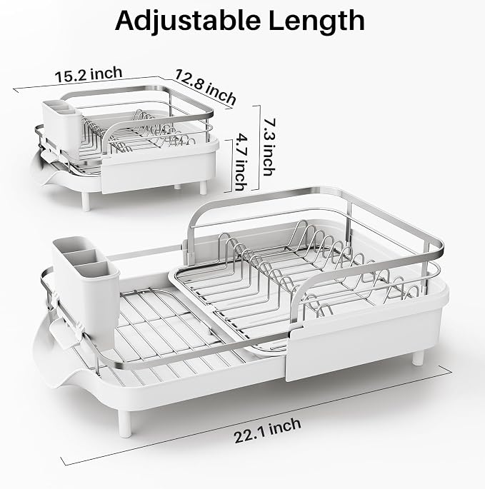 SNTD Expandable Dish Drying Rack for Kitchen Counter, 15.2-22.1 in, White | Rust-Resistant Stainless Steel, Protective Side Rails, Self-Draining Drainboard, Removable Utensil Holder - Image 5