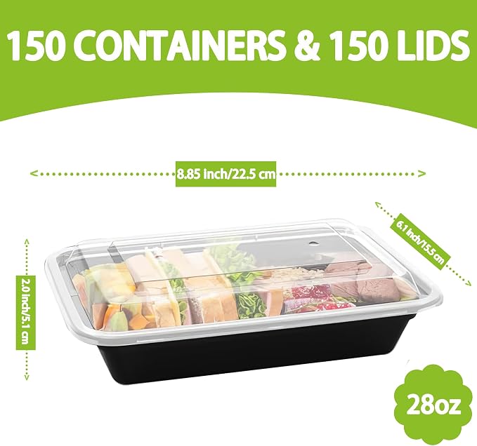 150 Pack Stackable Meal Prep Bowl Containers, 28oz Thick Food Storage Containers with Lids, Reusable Plastic,Disposable Bento Box,Stackable,Microwave/Freezer/Dishwasher Safe - Image 2