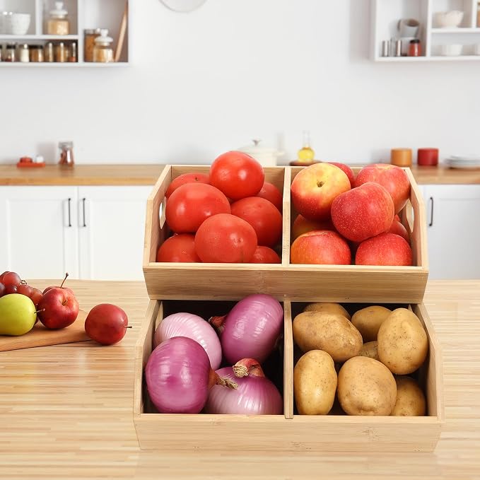 2 Set Pantry Organizers and Storage Bins, Bamboo Stackable Baskets for Potatoes, Onion, Bread, Vegetables - Bamboo Pantry Organizer Containers for Drawer, Cabinet, Countertop - Image 6