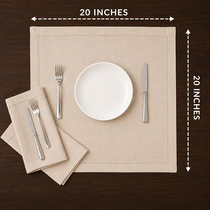 Linen Flax Cotton Cloth Dinner Napkins Set of 12-20x20 Natural Fabric with Hemstitched Mitered Corners - Machine Washable Wedding, Cocktail & Party Table Napkins - Natural - Image 4