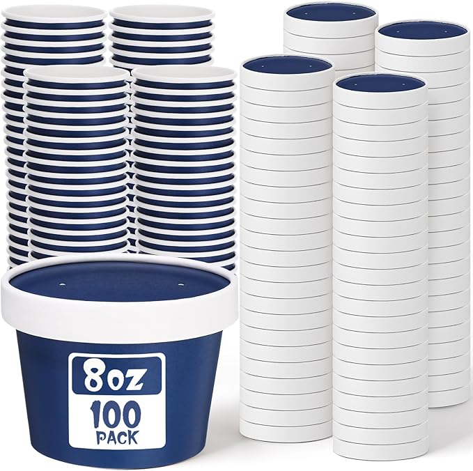 Fulmoon 100 Pack Paper Soup Containers with Lids Disposable Paper Food Containers with Vented Lid Kraft Ice Cream Cake Dessert Cups Soup Bowl for Party Hot Food Fruit Microwave(8 oz,Navy Blue) by Fulmoon