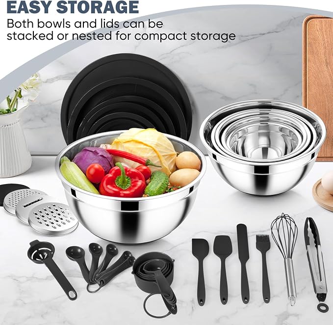 E-far Mixing Bowls with Airtight Lid Set, 25PCS Stainless Steel Nesting Prep Bowls with Grater Attachments Non-Slip Bottoms for Cooking, Baking, Serving, Food Storage, 4.6/2.6/2/1.5/1/0.7QT - Black - Image 5