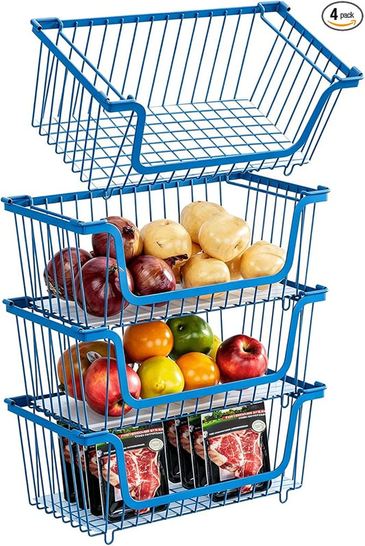 4 Pcs Stackable Wire Baskets for Pantry Organizers and Storage,blue, | Vegetable Fruit Basket for Countertop,Kitchen Storage Metal Baskets,Produce Potato Onion Storage Bin, by GAOKASE