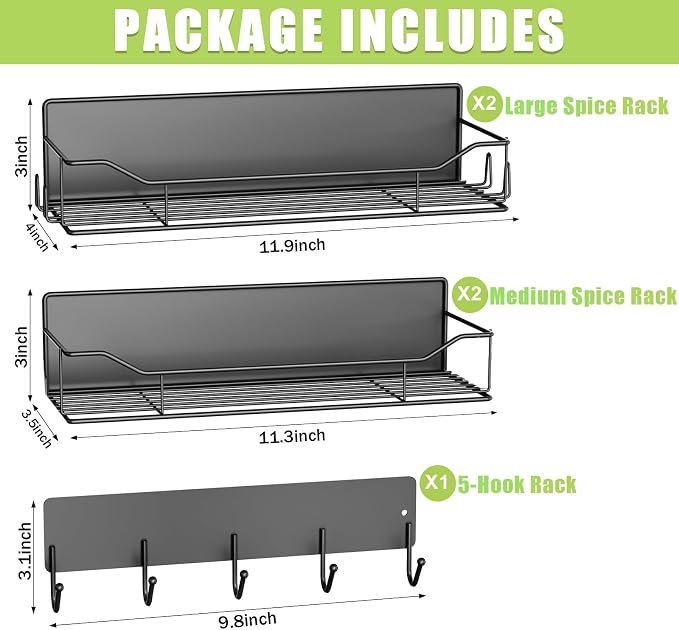 Magnetic Spice Rack for Refrigerator, 5 Pack Metal Strong Magnet Spice Organizer Shelves with Hook Rack, Space Saving Magnetic Fridge Shelf for Home Kitchen Organization and Storage (Black) - Image 2