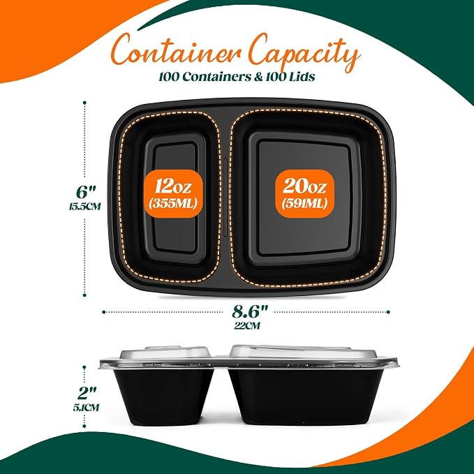 Glotoch 100 Pack(200-Piece)32oz 2-Compartment Meal Prep Containers with Lid | Food Storage Containers with Lids,Microwave Freezer Dishwasher Safe,Sturdy Leakproof&BPA Free Bento Box for To Go Take Out - Image 3