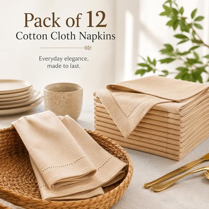 Linen Flax Cotton Cloth Dinner Napkins Set of 12-20x20 Natural Fabric with Hemstitched Mitered Corners - Machine Washable Wedding, Cocktail & Party Table Napkins - Natural - Image 7