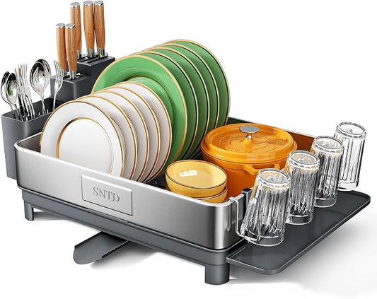 SNTD 304 Stainless Steel Dish Drying Rack for Small Kitchen Counter, Grey | Rustproof, Large Capacity, Heavy-Duty Frame, Rotating Spout, Angled Drainboard, Removable Cup & Utensil Holder by SNTD