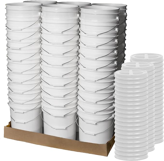 5 Gallon Bucket - Food Grade w/Lid BPA-Free, White/White, 60 | Airtight Gamma Seal Screw-On Lid, Heavy-Duty 90 Mil HDPE Plastic, Food Safe and Durable Container, Bulk Storage, Made in USA by ePackageSupply