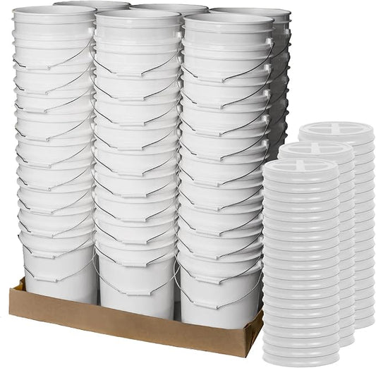 5 Gallon Bucket - Food Grade w/Lid BPA-Free, White/White, 60 | Airtight Gamma Seal Screw-On Lid, Heavy-Duty 90 Mil HDPE Plastic, Food Safe and Durable Container, Bulk Storage, Made in USA by ePackageSupply