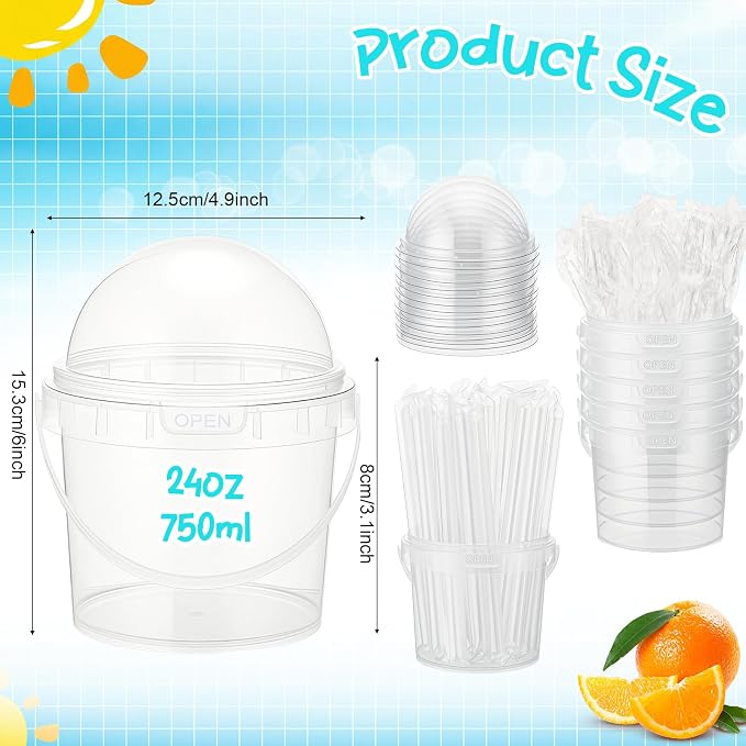 50 Pcs Bucket Cups Bulk Reusable Plastic Drink Buckets with Lids Dome Forks and Straws 24 oz Ice Cream Freezer Food Storage Containers for Popcorn Pail Outdoor Travel Beverage Party Picnic - Image 2