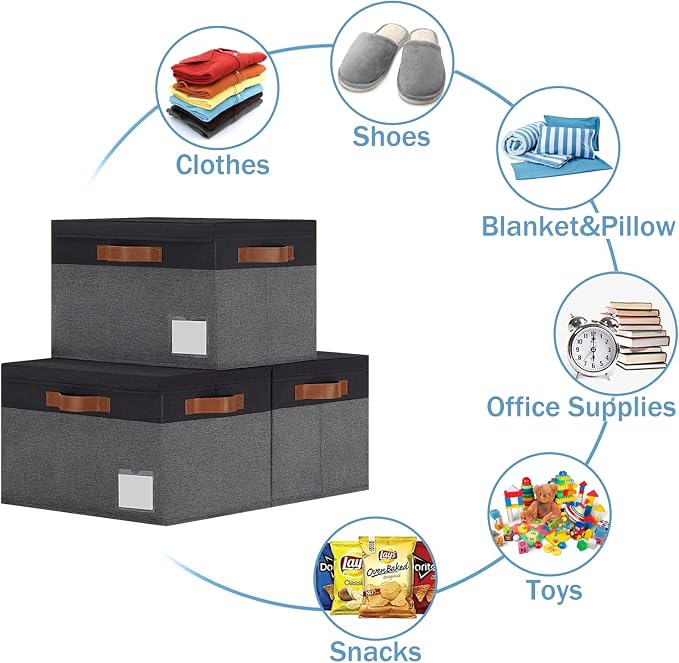 GhvyenntteS Storage Bins with Lids 6 Pack, Large Storage Baskets with Lid and 3 Handles, Foldable Fabric Storage Boxes with Lid and Label for Home Office (Grey&Black, 15" x 11" x 9.7") - Image 7