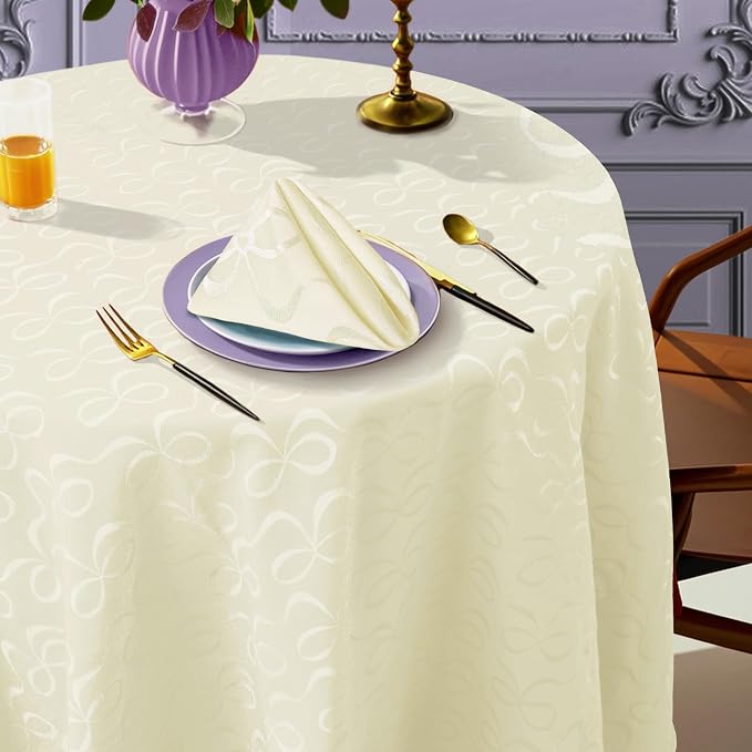 Cream Round Tablecloth 70 Inch (4-6 Seat) - Cotton Polyester, Wrinkle/Fade Resistant, Reusable - Luxury Jacquard Table Cloth - 1PC Circle Table Cover for Dining, Wedding & Birthday Party, Cream Bows by VOOVAMOVAS
