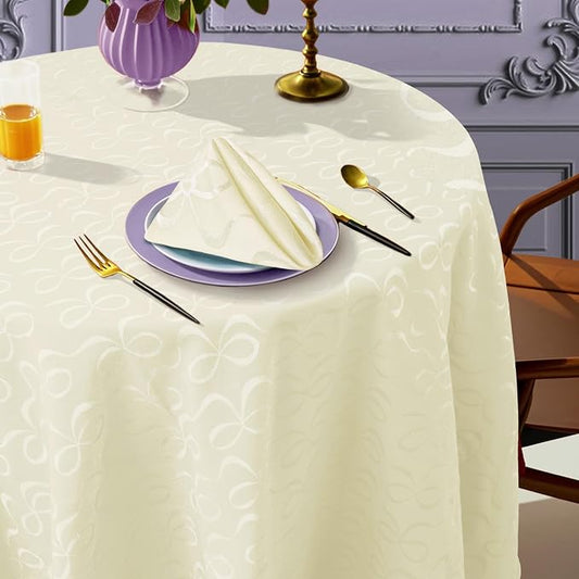 Cream Round Tablecloth 70 Inch (4-6 Seat) - Cotton Polyester, Wrinkle/Fade Resistant, Reusable - Luxury Jacquard Table Cloth - 1PC Circle Table Cover for Dining, Wedding & Birthday Party, Cream Bows by VOOVAMOVAS