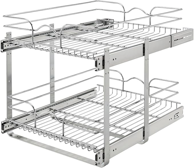 Rev-A-Shelf Pullout Organizer for Cabinets, Min Opening Width of 18" | STwo-Tier Steel Shelf for Kitchen or Vanity Cabinet Organization, Heavy Gauge Wire Slide Out Storage Basket, 5WB2-1822CR-1 by Rev-A-Shelf