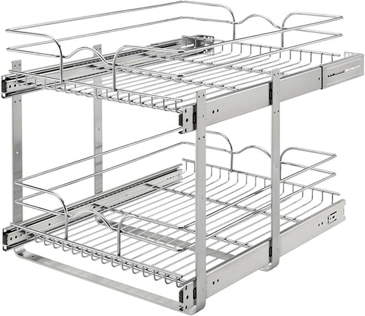 Rev-A-Shelf Pullout Organizer for Cabinets, Min Opening Width of 18" | STwo-Tier Steel Shelf for Kitchen or Vanity Cabinet Organization, Heavy Gauge Wire Slide Out Storage Basket, 5WB2-1822CR-1 by Rev-A-Shelf