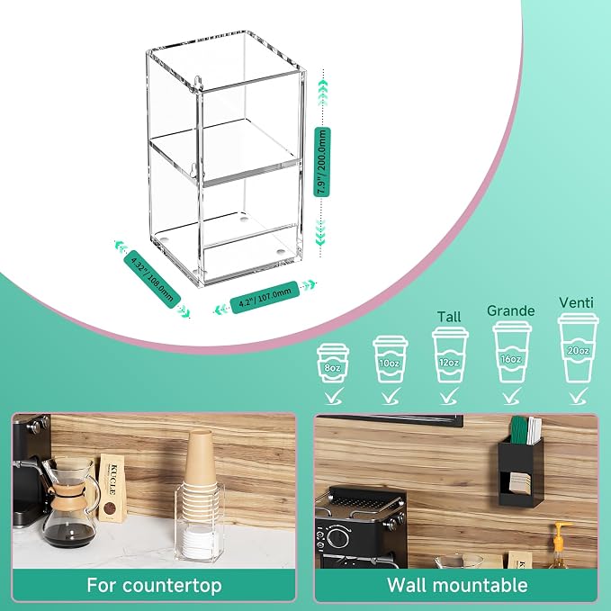 2-Tier Coffee Station Organizer for Countertop, 2 Compartments Clear Acrylic Cup and Lid Holder Tea Condiment Storage Upright Coffee Bar Organizer Pod Dispenser for Office Breakroom Home Kitchen - Image 5