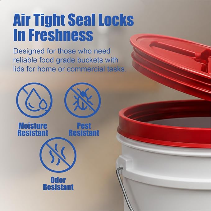 5 Gallon Bucket - Food Grade w/Lid BPA-Free, White/Red, 3 | Airtight Gamma Seal Screw-On Lid, Heavy-Duty 90 Mil HDPE Plastic, Food Safe and Durable Container, Bulk Storage, Made in USA - Image 5