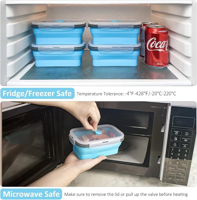 Collapsible Food Storage Containers with Airtight Lid & Air Vent, 16.9 oz, Kitchen Stacking Silicone Collapsible Meal Prep Container Set for Leftover, Microwave Freezer Dishwasher Safe, Blue, Set of 4 - Image 7