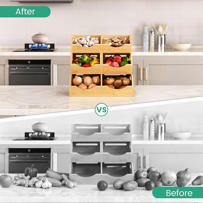 Onion Storage Bins Potato, 3 Tier Bamboo Pantry Storage Bin Stackable Ventilated Kitchen Organizer for Pantry, Countertop, Bathroom, Space-Saving, Easy Access Handle Natural Brown(Assembly Required) - Image 8