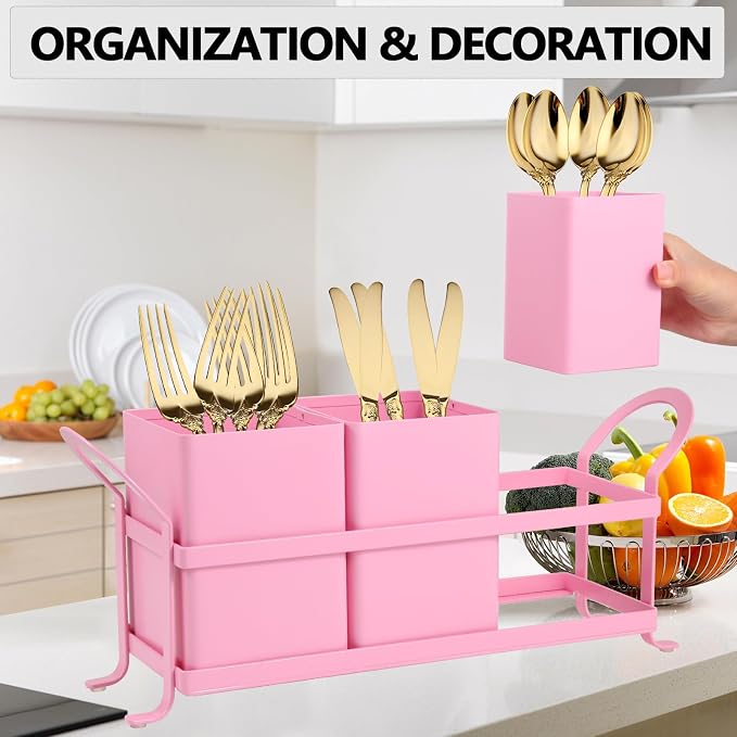 NelyBet Metal Silverware Caddy,3 Compartment Utensil Holder With Metal Rack,Utensil Caddy Flatware Cutlery Organizer for Countertop Party Picnic Camping Outdoor Pink - Image 4