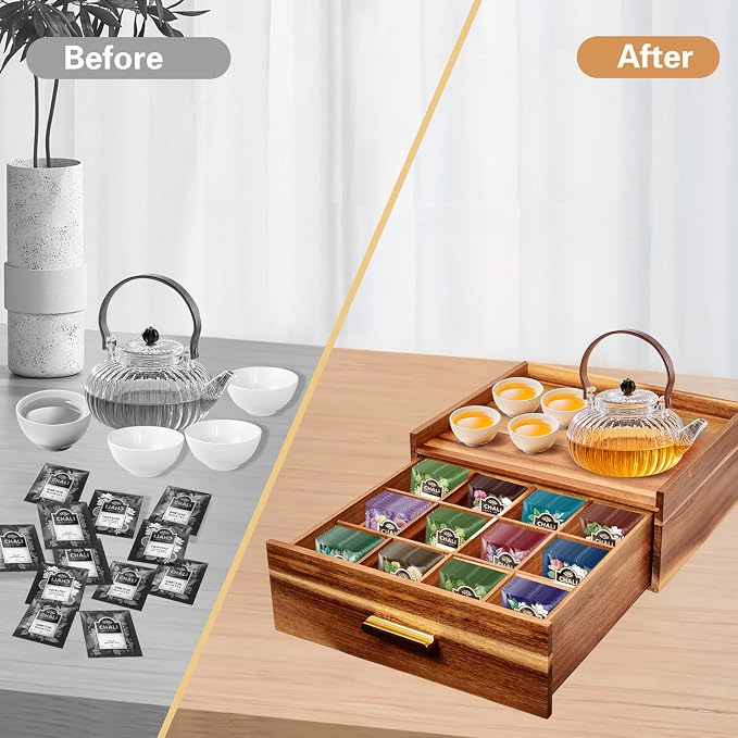 NANXITU Acacia Wood Tea Holder Organizer, Tea Box Organizer Storage Box | Tea Caddy for Tea Bags Organizer Drawer, with12 Compartments Multi-Functional Tea Station Chest for Countertop - Image 5