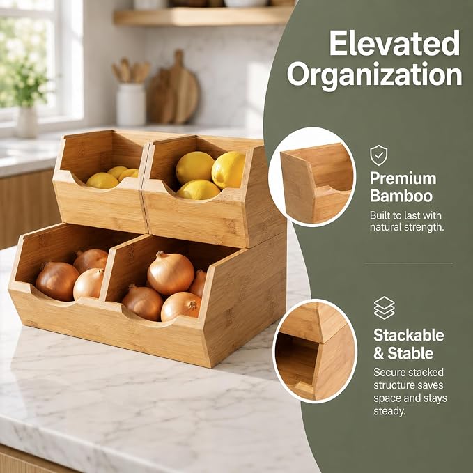 Bamboo Pantry Storage Bins Set of 3, Stackable Desktop Organizer | Ideal for kitchen counters, pantry shelves, dining rooms, coffee bars, offices and utility rooms. - Image 6