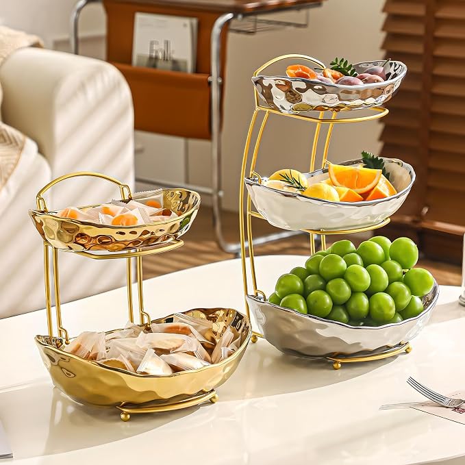 XUDREZ 2 Tier/ 3 Tier Fruit Bowl with Metal Stand for Kitchen Counter, Ceramic Gold Silver, Portable Tiered Fruit Basket Fruit Rack for Nuts, Snacks, Bread, Candy Storage (Silver, 3 Tier) - Image 5