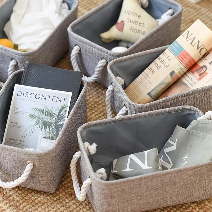 Foldable Small Storage Baskets with Strong Cotton Rope Handles [6-Pack] Gray Collapsible Storage Bins Set Works Room Storage, Nursery Baskets - Image 6