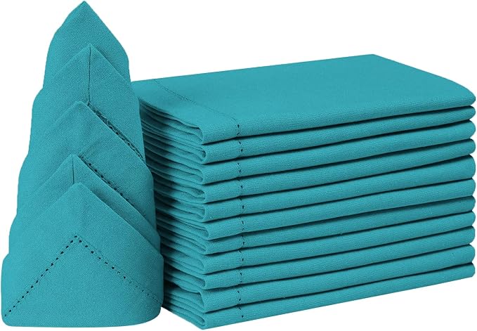 Bedding Craft Cotton Cloth Dinner Napkins Set of 12 – 18x18 Teal Hemstitched with Decorative Selvedge Holes & Mitered Corners – Reusable Machine Washable Fabric Napkins for Weddings & Dining by BeddingCraft