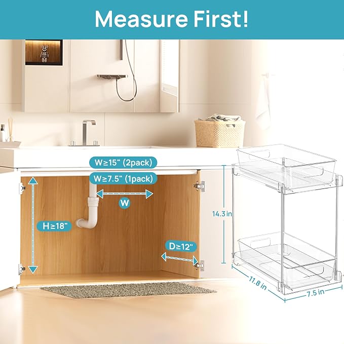 Vtopmart 2 Pack Taller Pull Out Bathroom Under Sink Organizer (S-Higher) | Slide-out drawers, Multi-purpose storage, Clear visibility, Easy Set-up - Image 7